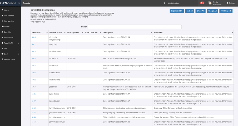 the GymMaster gym software direct debit exceptions report for billing management