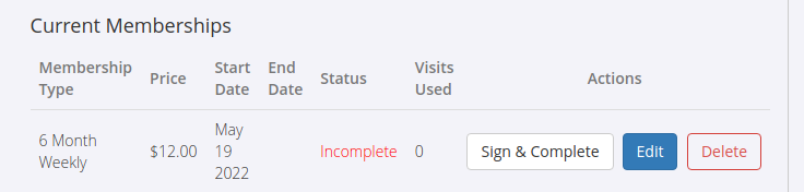 Membership showing sign and complete button