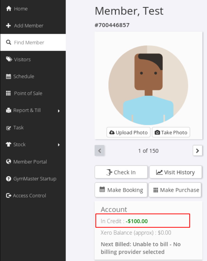 GymMaster member account and membership type screen