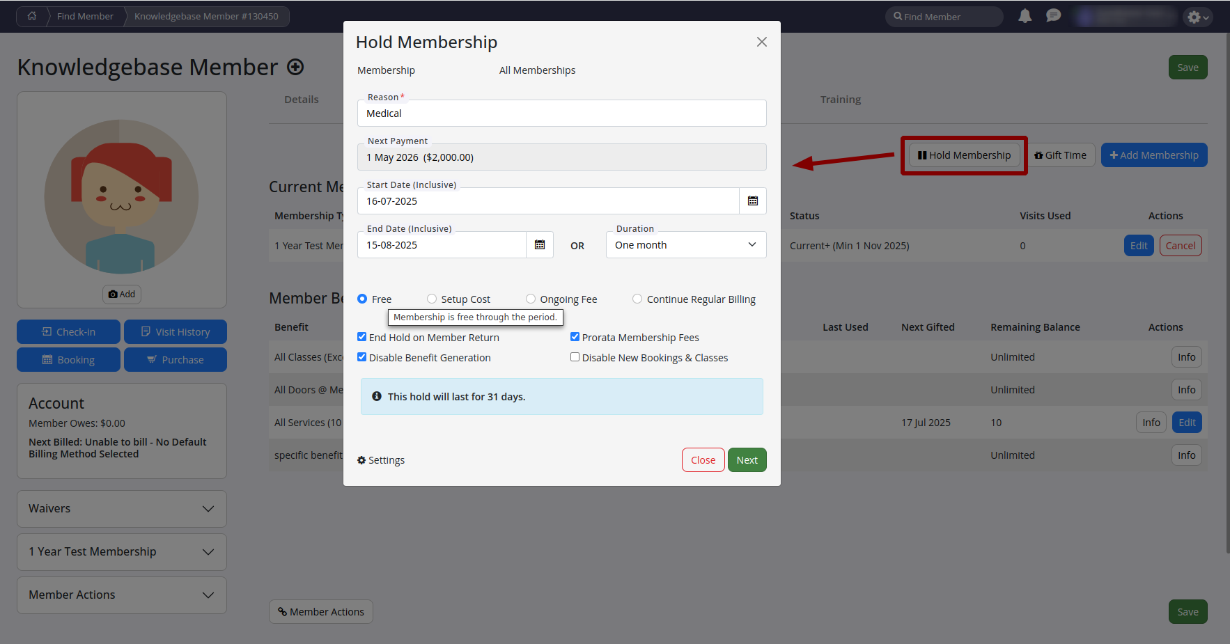 Hold membership form modal