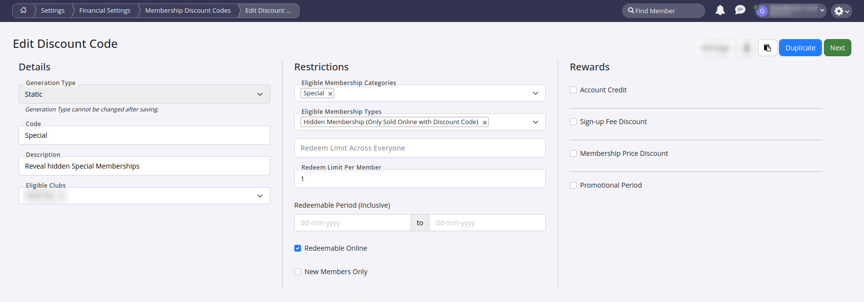 GymMaster membership type and discount configuration