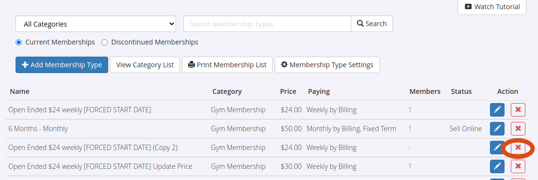 GymMaster member account and membership type screen