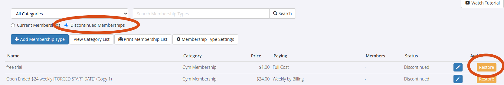 GymMaster member account and membership type screen