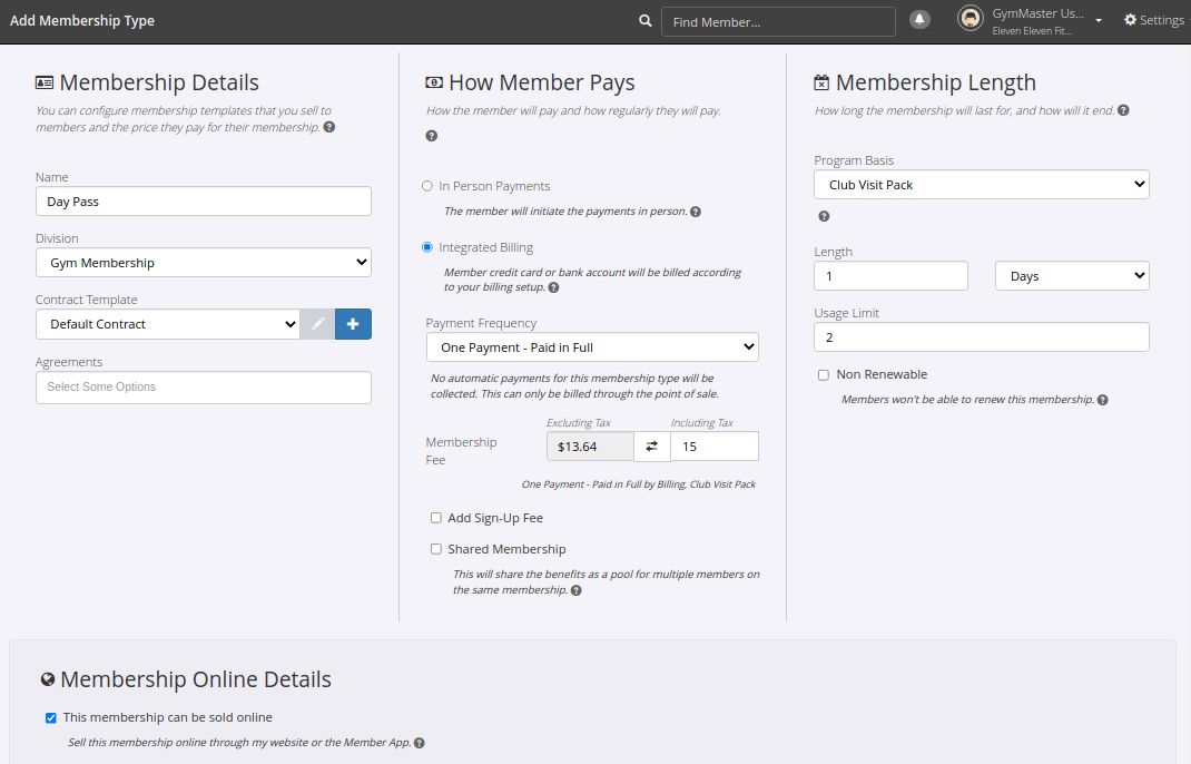 Day Pass membership type