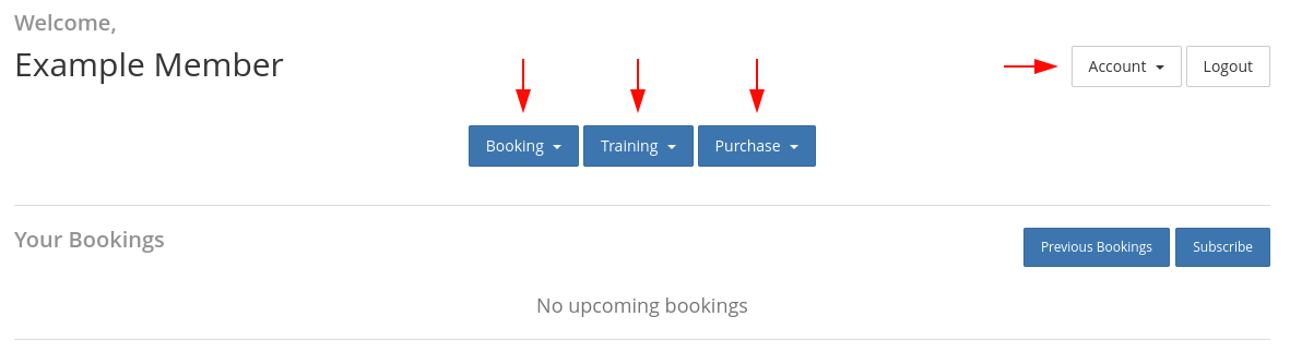 Member portal navigation for Booking, Training, Purchase and Account