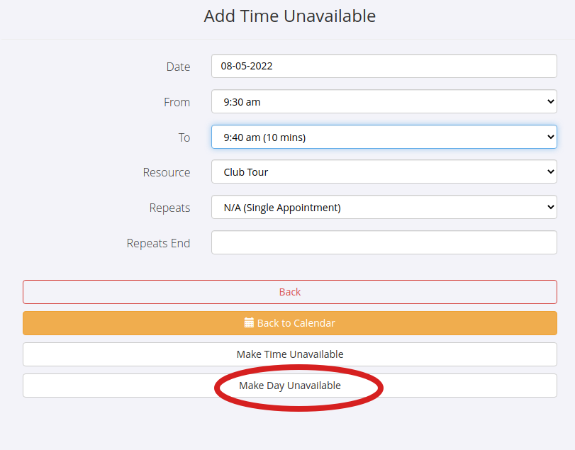 Add Time Unavailable dialogue for the schedule