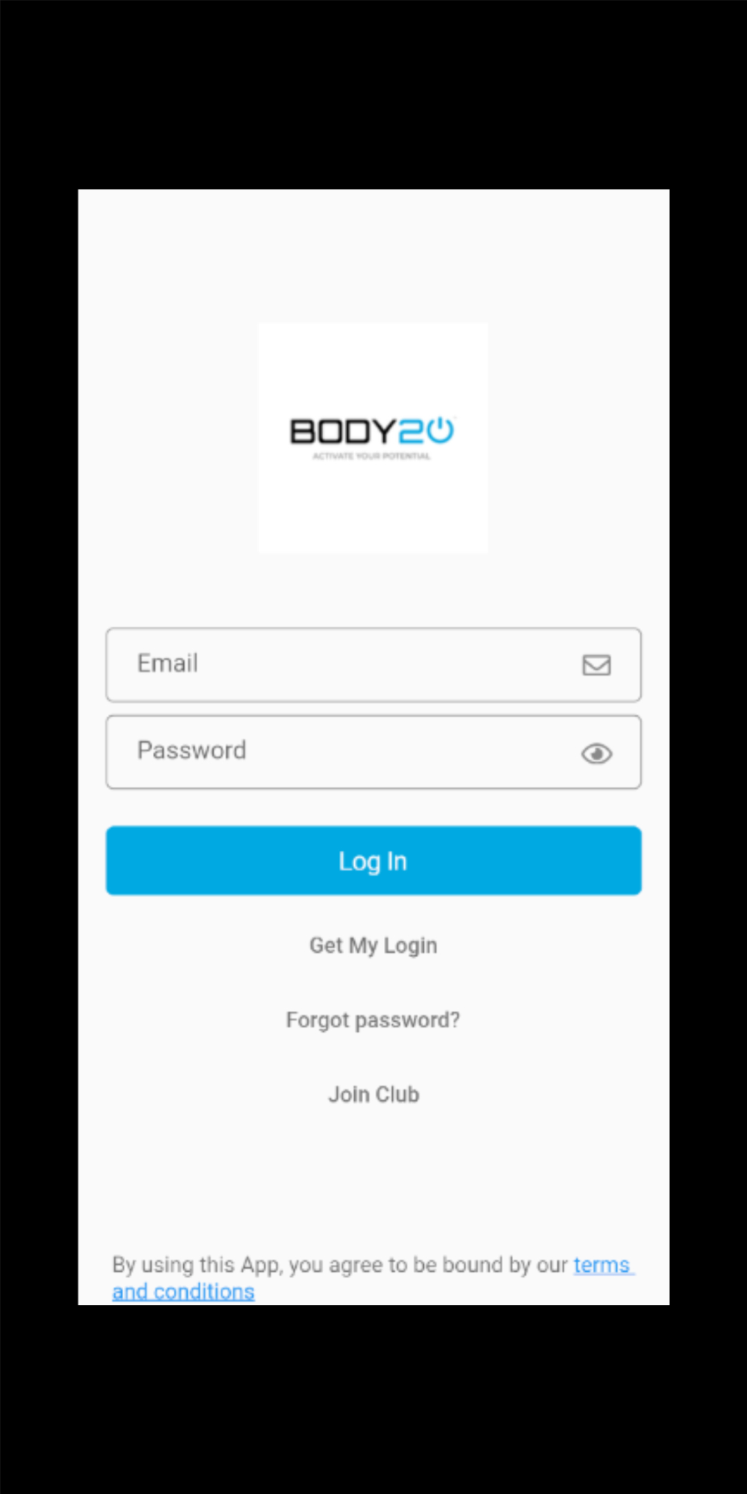 Branded member app login screen