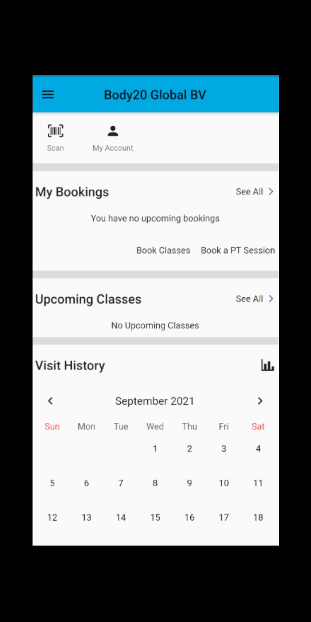 Branded member app home screen showing bookings, classes and visit history
