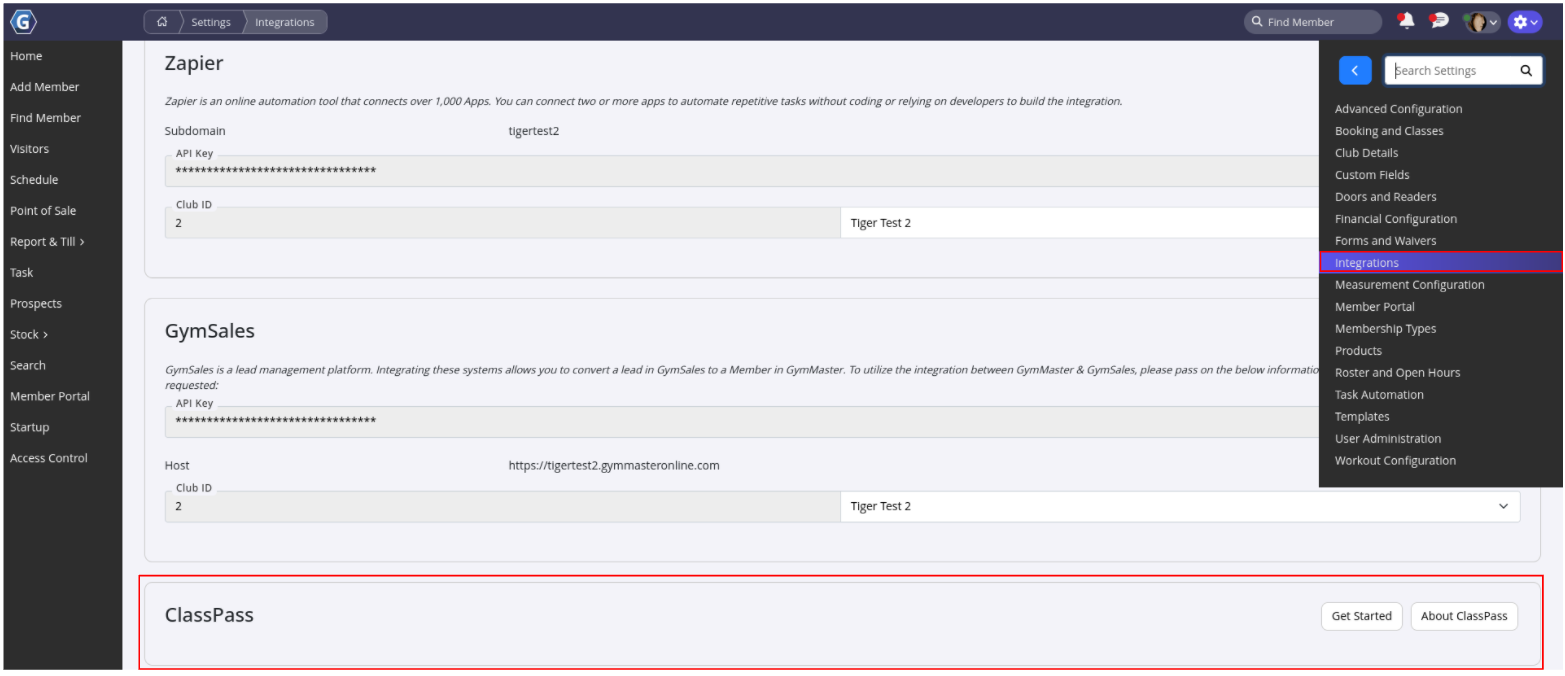 GymMaster integrations screen with the ClassPass set-up section
