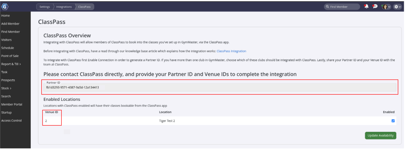 ClassPass integration settings for partner ID and venue ID