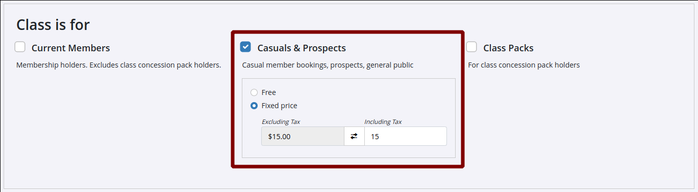 Class settings for casuals and prospects with a fixed price