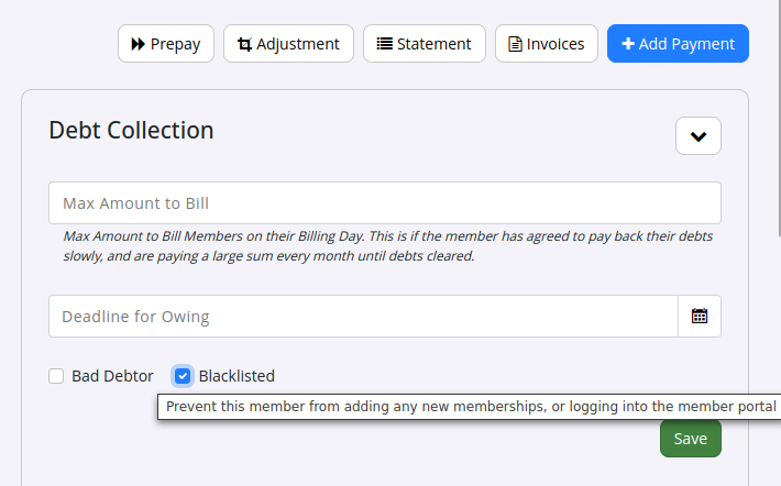 Member debt collection settings with Blacklisted option
