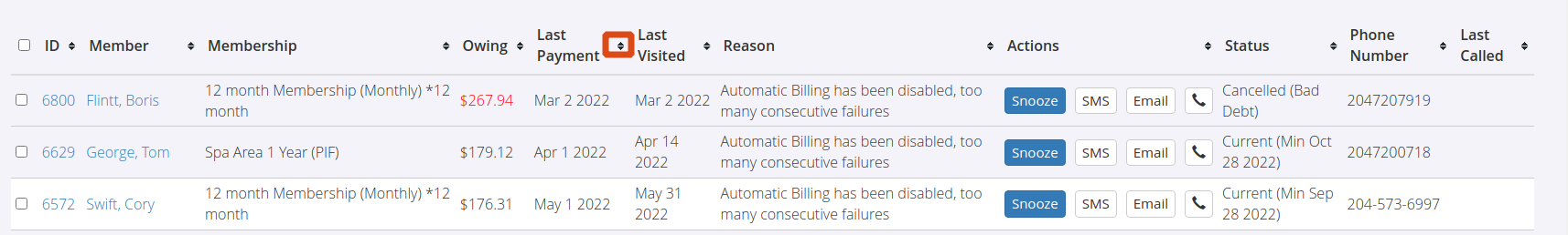 Debt collection report with sorting arrows