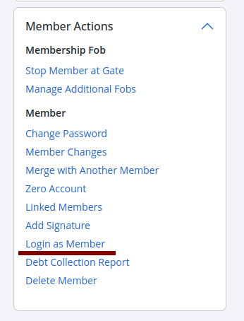 GymMaster screen showing link Login as Member