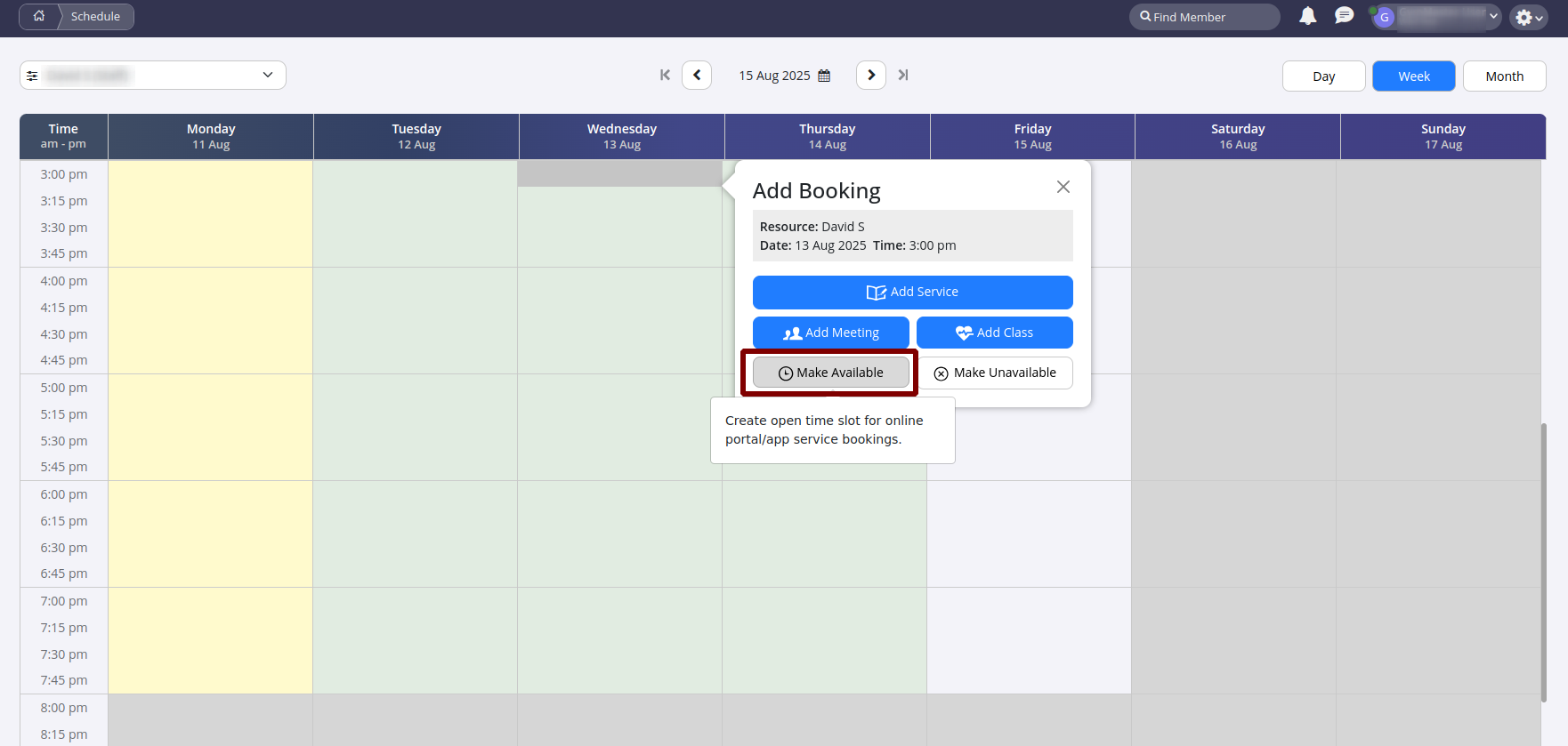 Make Available button in the schedule Add Booking menu