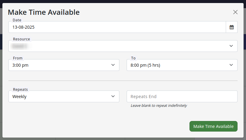 Make Time Available dialogue for a schedule slot