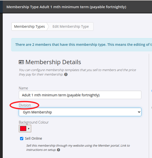 Membership type settings with the Division selector