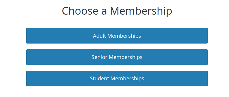 Online membership selection page with membership category buttons