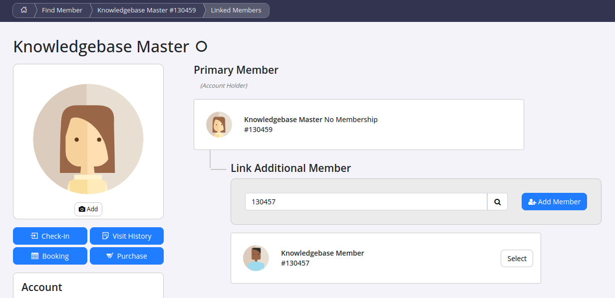 Linked Members screen for adding an additional member
