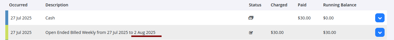 Account history showing a weekly membership charge and payment