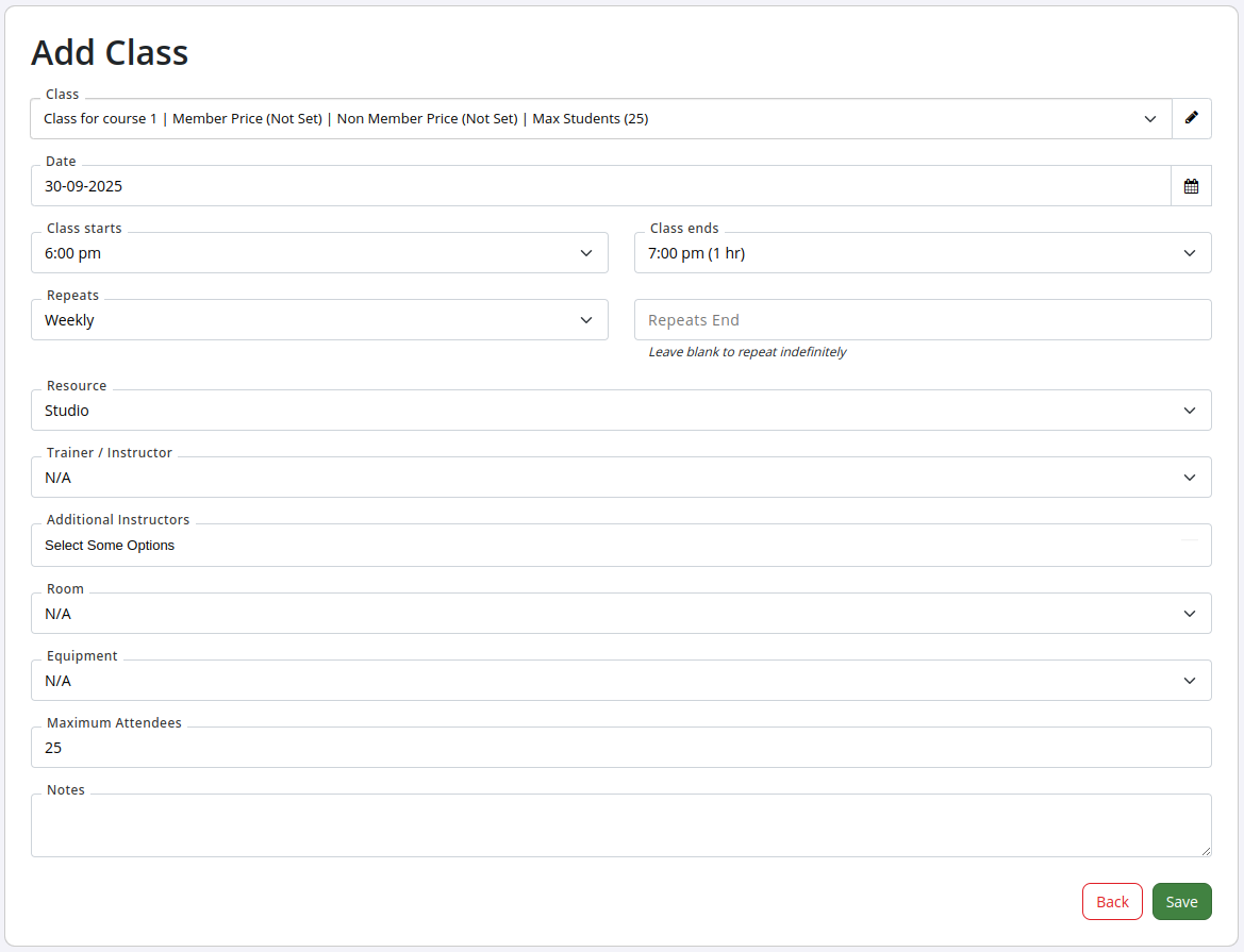Schedule Add Class form