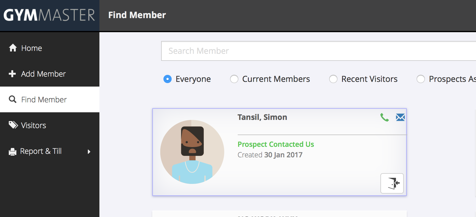 Find member page showing lead as a prospect