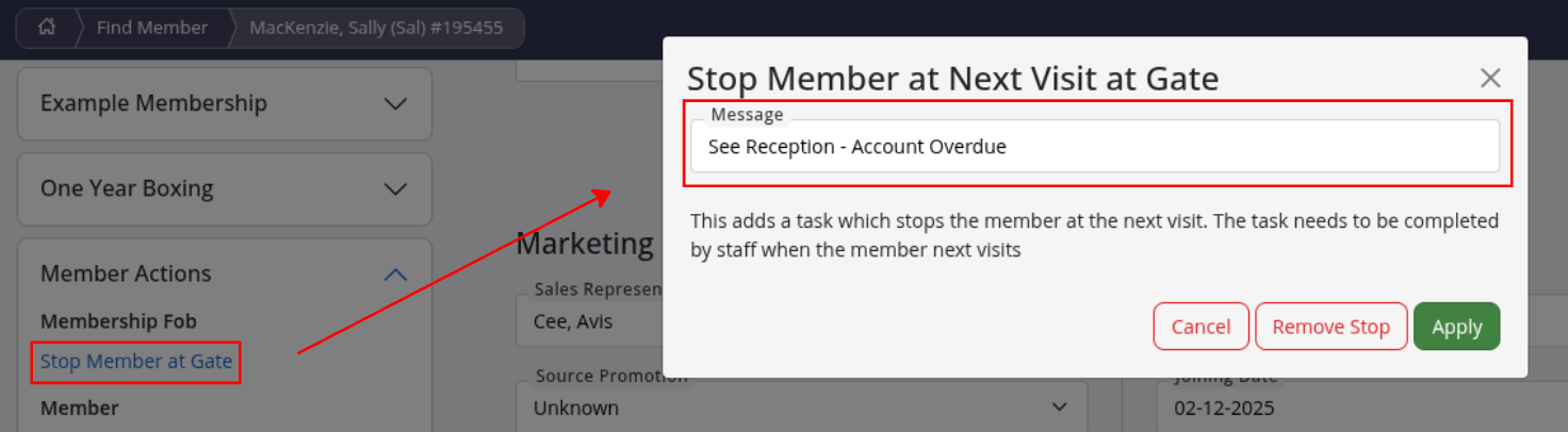 GymMaster member debt and gate-stop settings