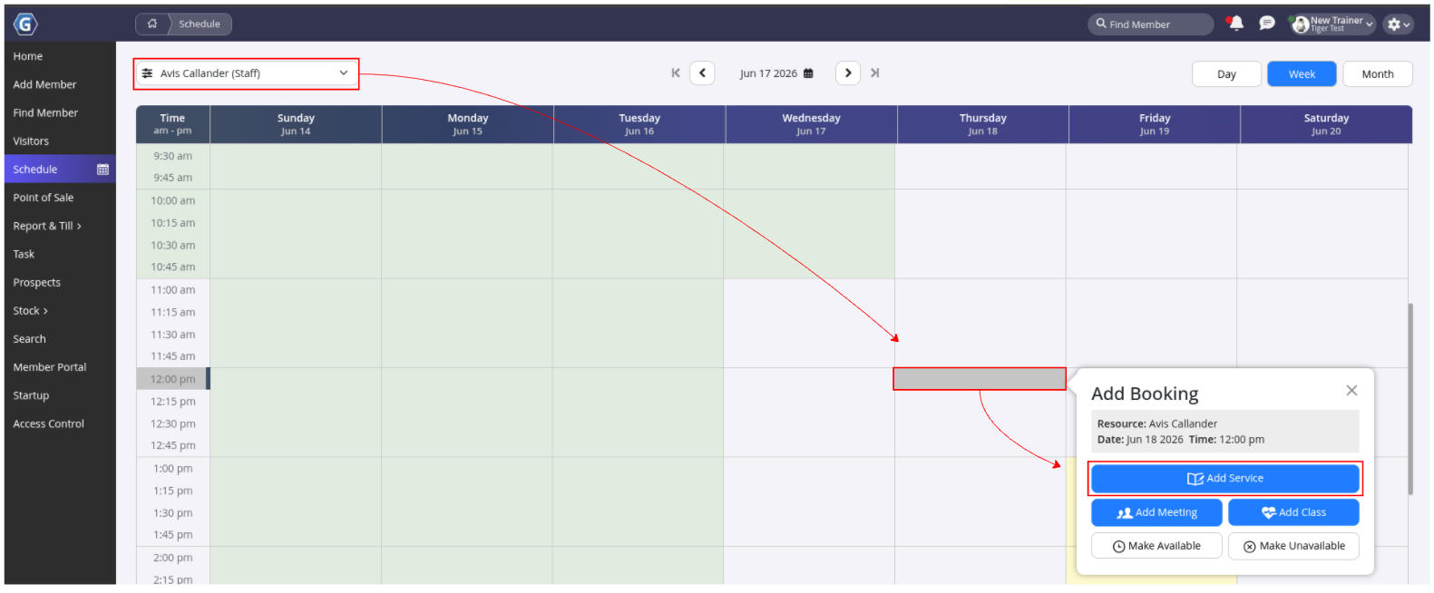 GymMaster schedule and member booking screen