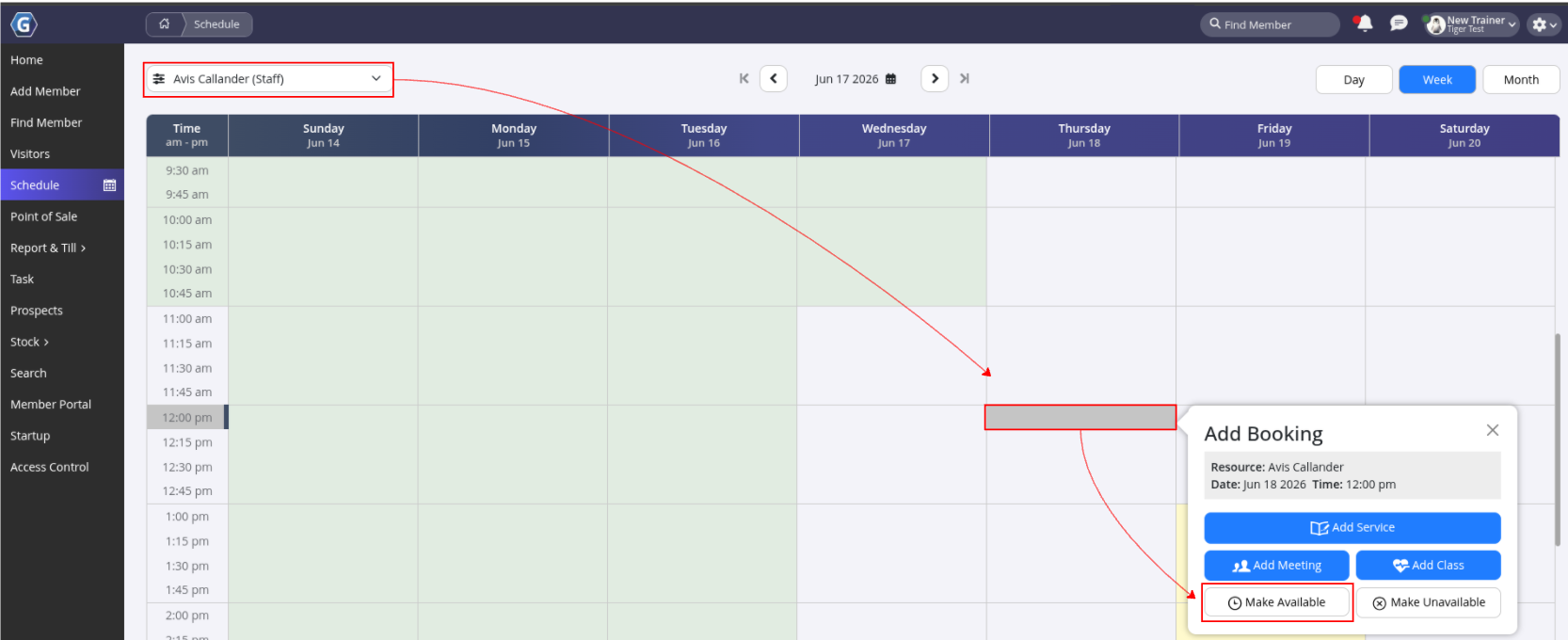 GymMaster schedule and member booking screen