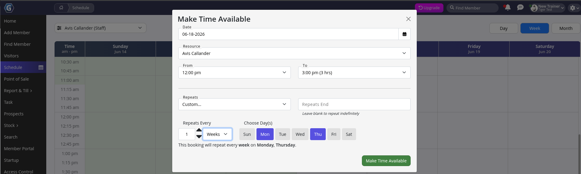 GymMaster schedule and member booking screen