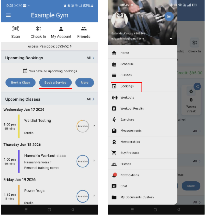 GymMaster schedule and member booking screen