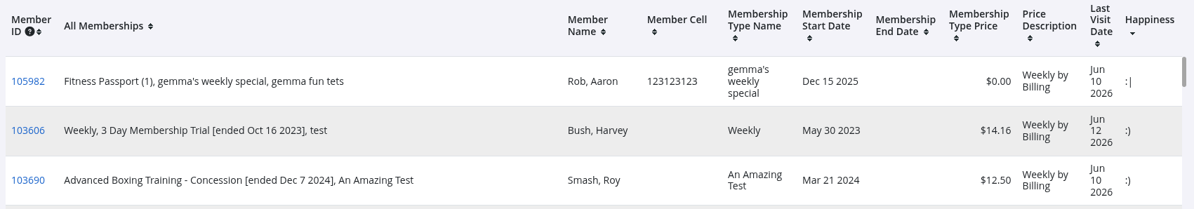 Screen showing current members