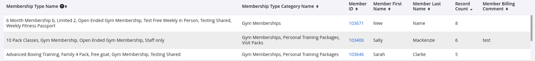 Screen showing current memberships