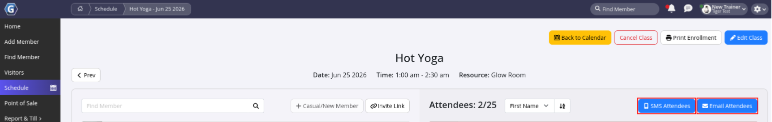 GymMaster class attendee messaging screen
