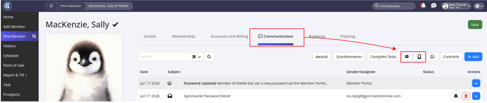  Communication tab showing options of Email and SMS