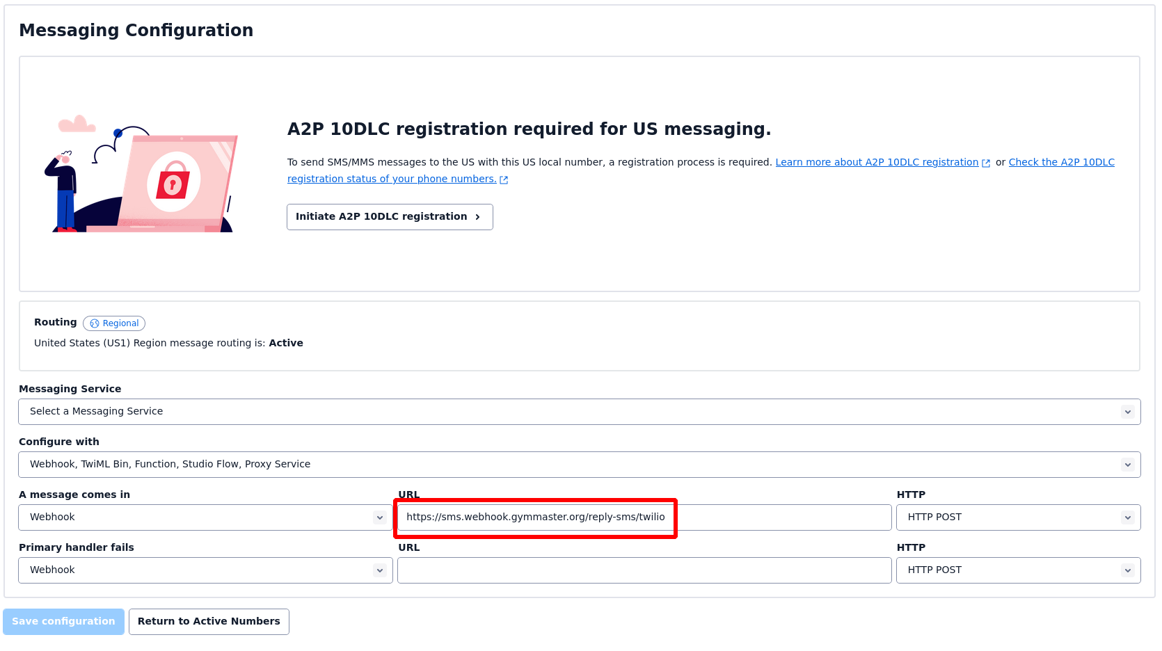 Twilio integration settings page