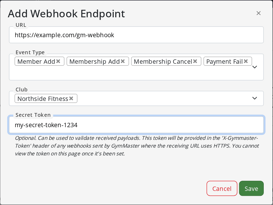The Add Webhook Endpoint window with a URL, four event types, a club and a secret token