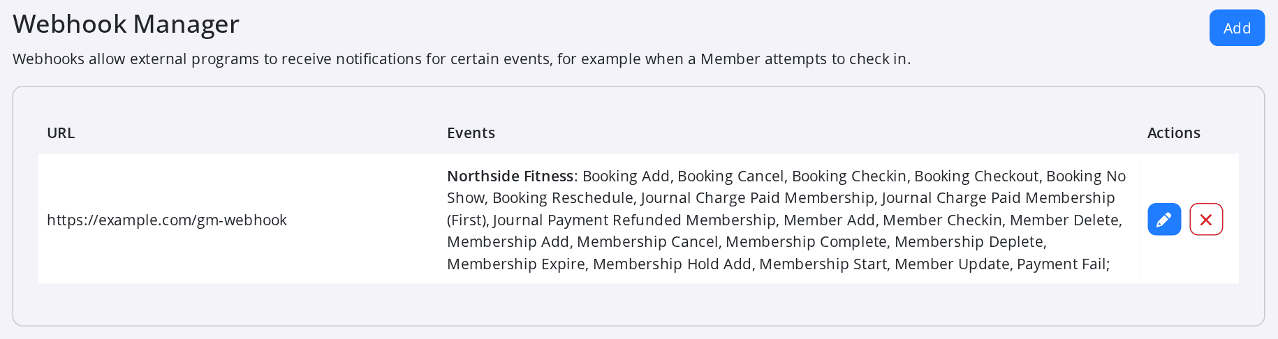 The Webhook Manager list showing one URL that receives all event types for one club