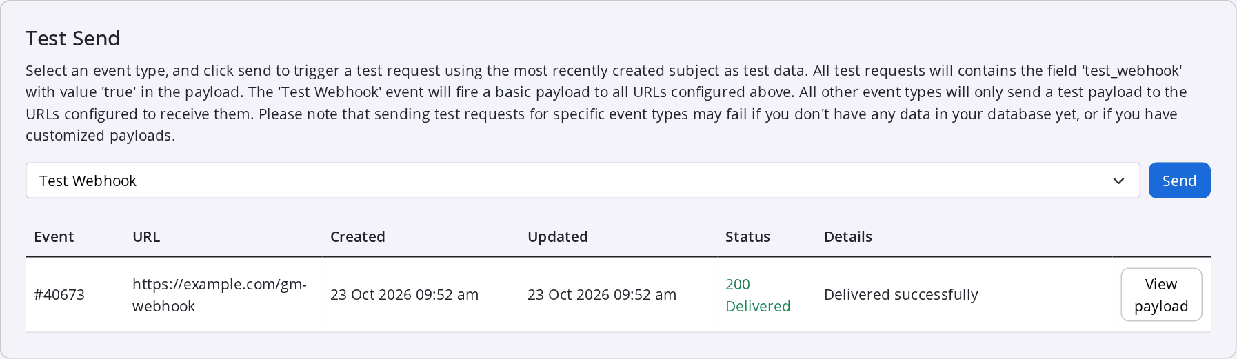 A Test Send result with status 200 Delivered