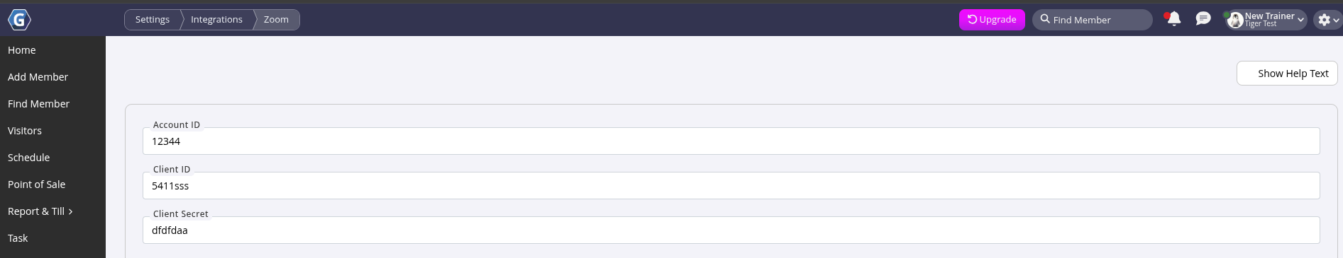 GymMaster Zoom integration settings