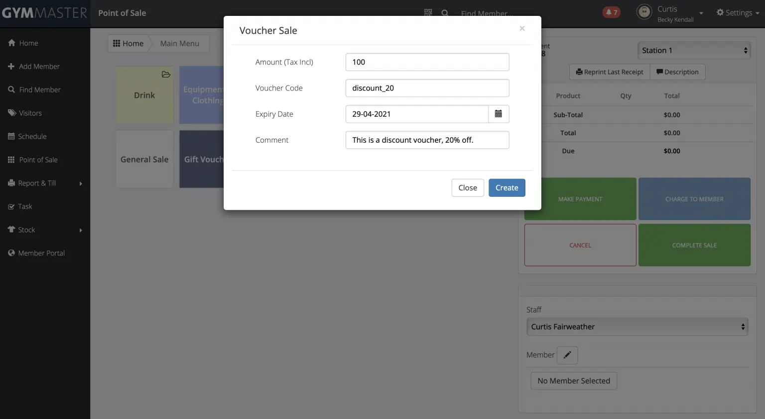 screenshot of modal showing details for voucher