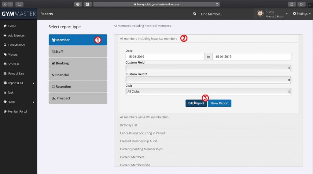 Standard report page steps to customise GymMaster reports