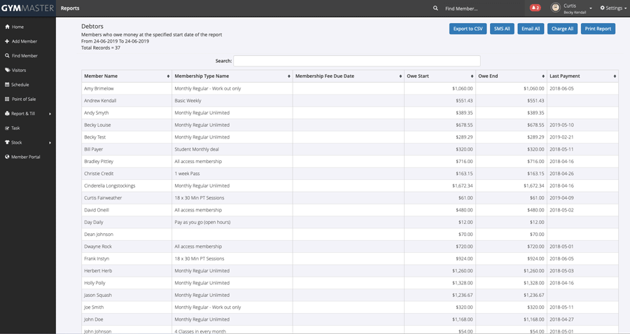 the GymMaster gym software debtors report for billing management
